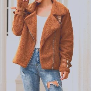 🐻Brown Buckle Strap Zipper Teddy Coat